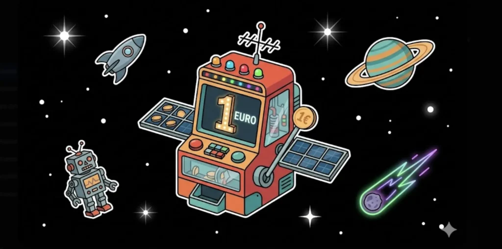 Space-themed slot machine displaying 1 Euro with a robot and planets for 1 Euro Deposit Casino