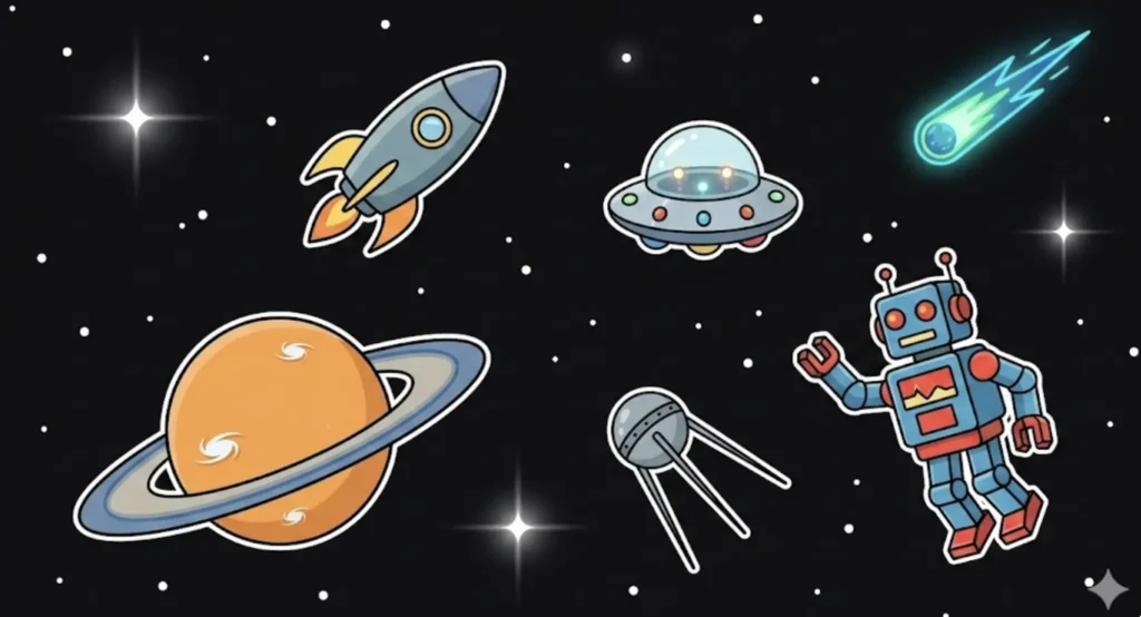 Space scene with a robot and rocket for cosmic games at freeslots99.com