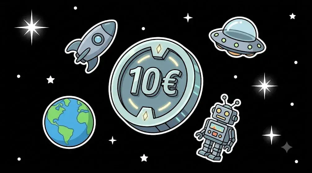 10€ Chip schwebend im Weltraum mit Erde und Roboter für freeslots99.com