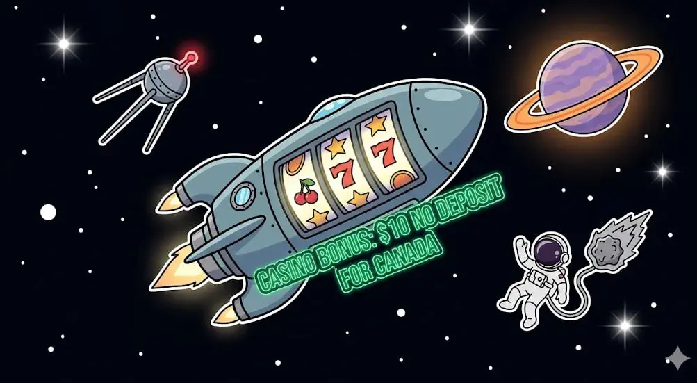 Rocket slot machine with $10 no deposit bonus in space — Canadian casino offer illustration for freeslots99.com
