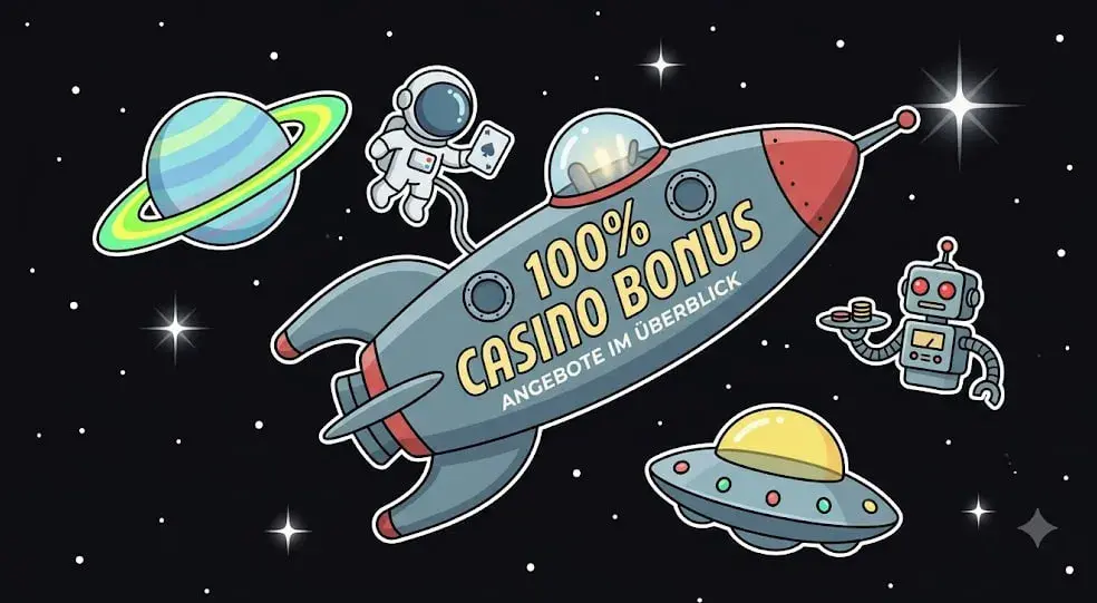 100% Casino Bonus Rakete fliegt im Weltraum für freeslots99.com