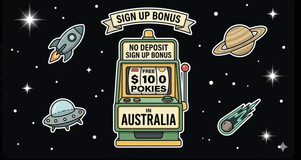 $100 free pokies Australia sign up bonus slot machine in space for cosmic games at freeslots99.com