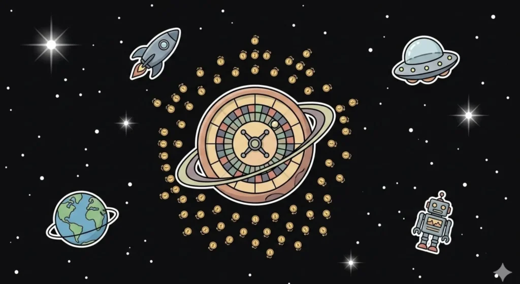Roulette wheel planet surrounded by gold coins in space with robot and UFO, representing 120 free spins real money at FreeSlots99