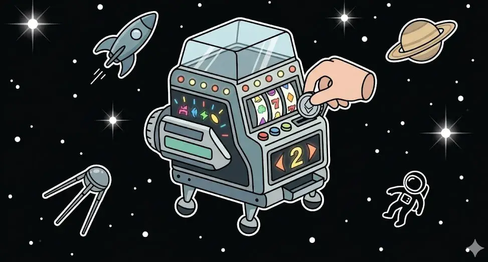 Hand inserting coin into slot machine in space for cosmic games at freeslots99.com