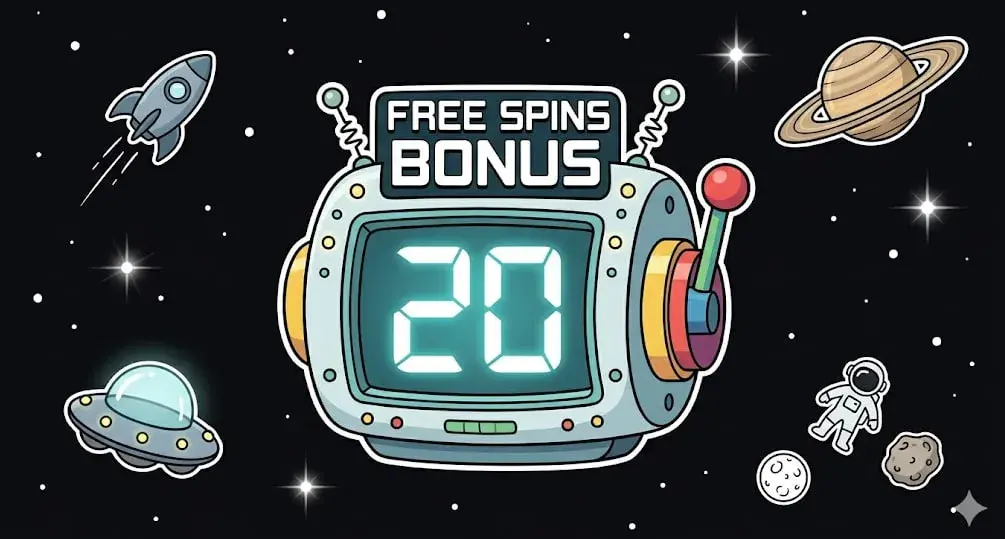 Retro robot television showing a 20 FREE SPINS BONUS in outer space for freeslots99.com.