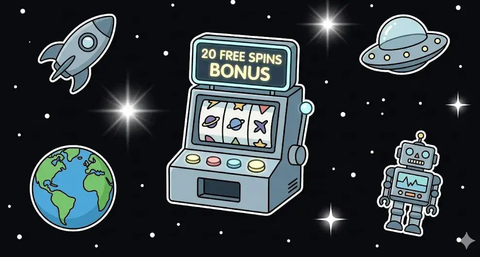 Floating slot machine in outer space with a 20 FREE SPINS BONUS sign for freeslots99.com gaming.