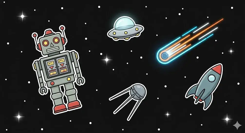 Robot, UFO, comet, satellite and rocket in space for cosmic games at freeslots99.com