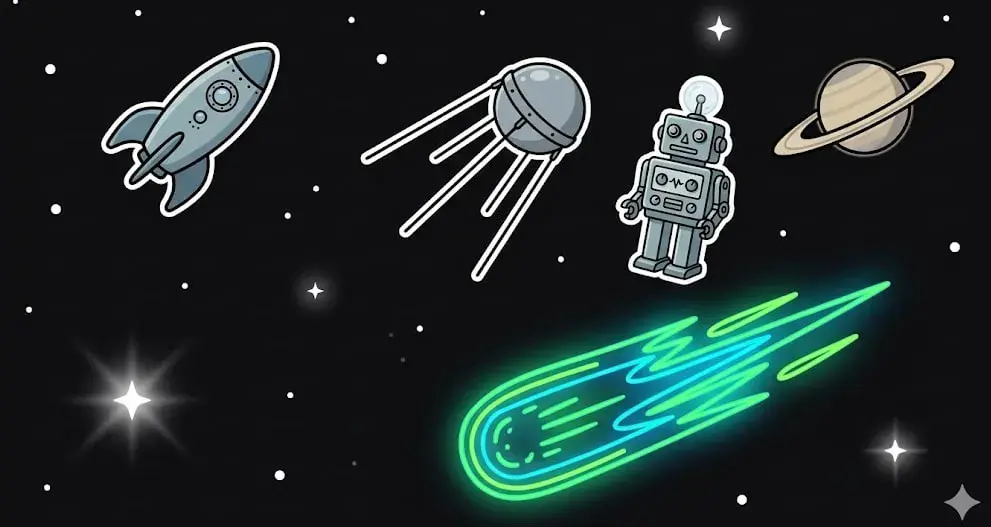 Green comet and satellite in space for cosmic games at freeslots99.com