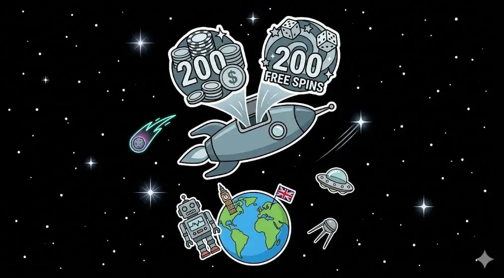200 free spins bonus rocket over UK planet earth for freeslots99.com
