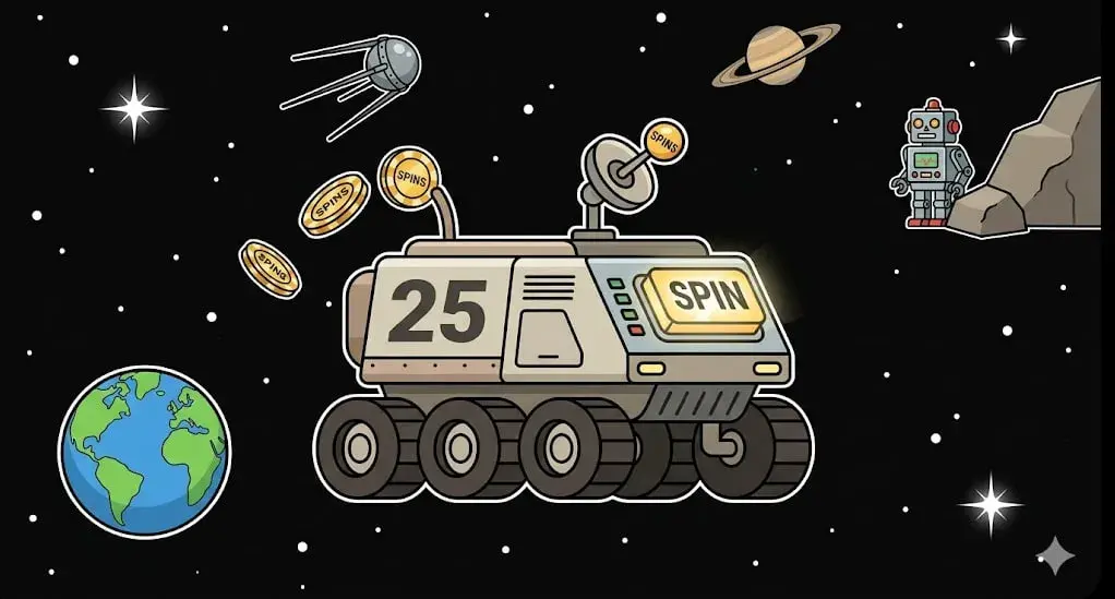 Moon rover with a 25 SPIN button dispensing coins to represent no deposit spin bonuses on freeslots99.com