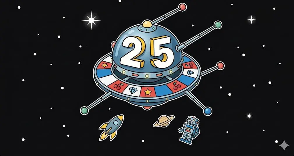 Satellite-shaped space casino with the number 25 and slot machine symbols for freeslots99.com free spins.