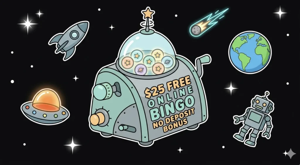 Space bingo machine showing '$25 Free Online Bingo No Deposit Bonus' with robot and planets, highlighting bingo bonus offer at FreeSlots99