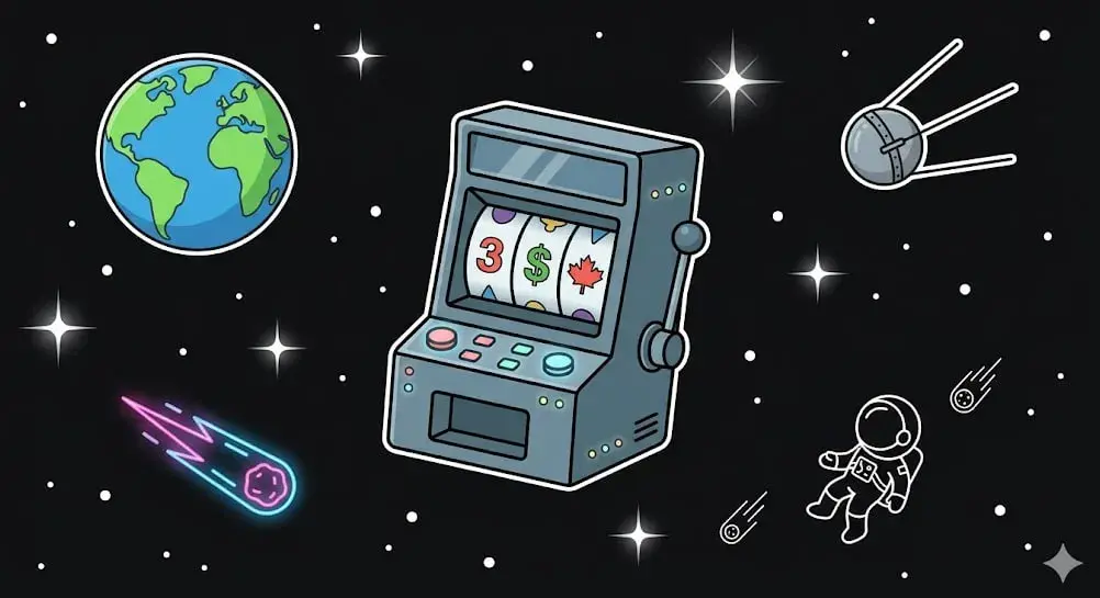 "Canada slot machine, Earth, comet, satellite and astronaut in space for cosmic games at freeslots99.com