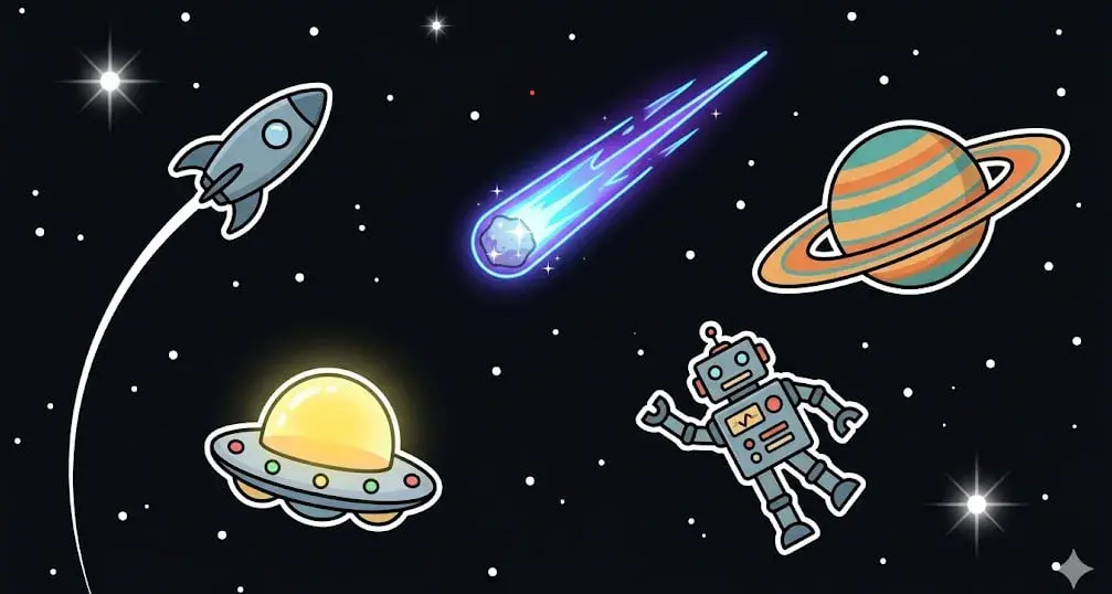 Rocket, comet, planet, UFO and robot in space for cosmic games at freeslots99.com