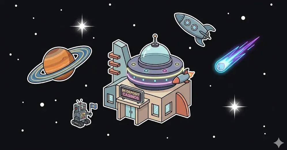 No Deposit Casino building in space with a UFO dome and a robot for freeslots99.com bonus promotions.