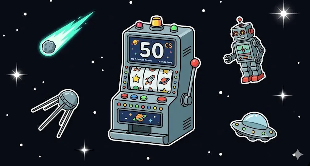 Space slot machine showing 50 free spins with robot and UFO β casino bonus illustration for freeslots99.com