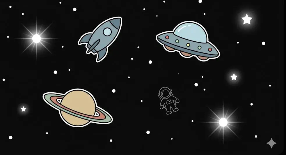 Planet, rocket, UFO and astronaut in space for cosmic games at freeslots99.com