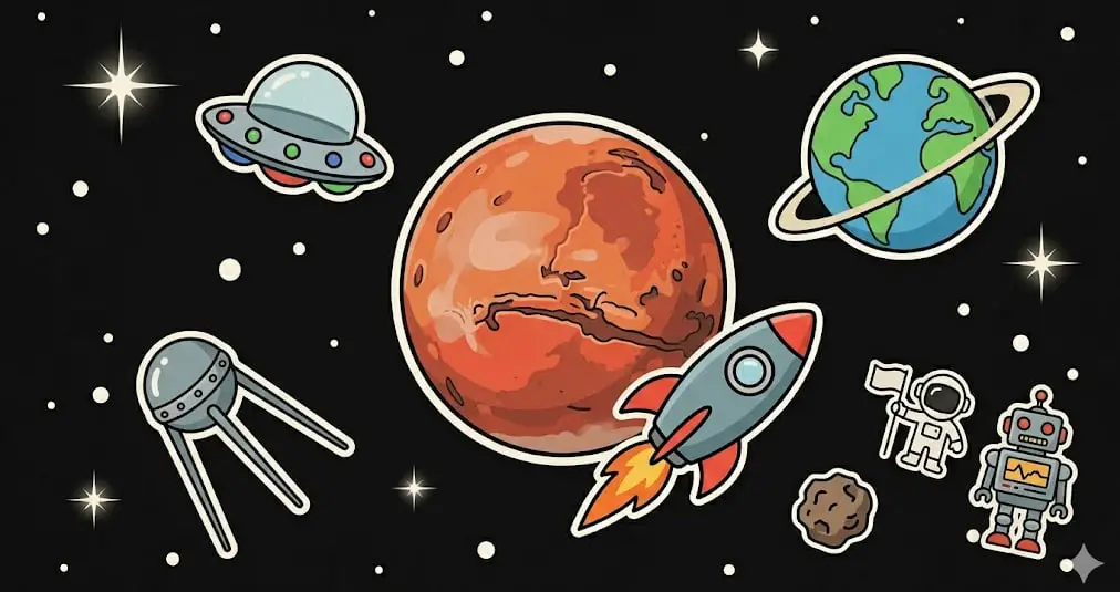 Space stickers with Mars and rockets for freeslots99.com galactic theme page