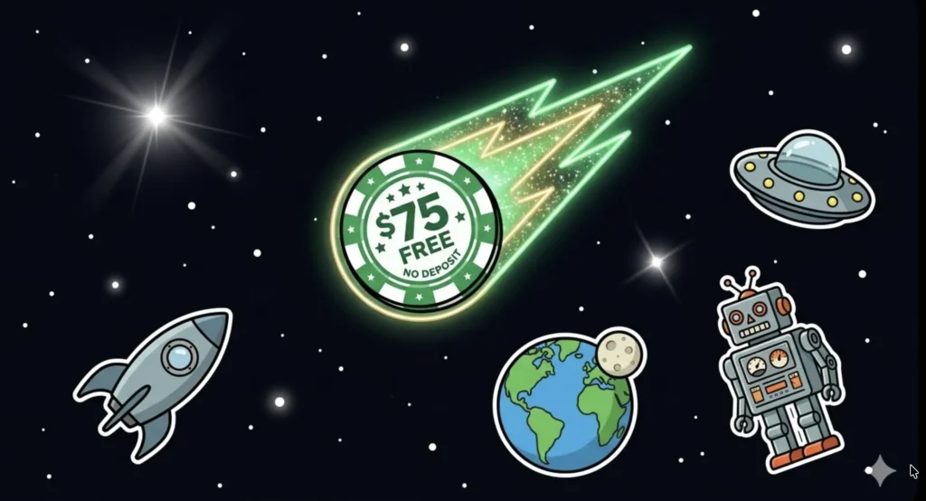 $75 free bonus space slot graphics showing cosmic game theme for freeslots99.com