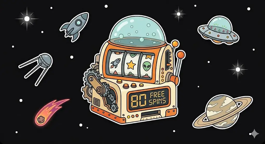 Space-themed slot machine with 80 free spins for FreeSlots99 online casino player