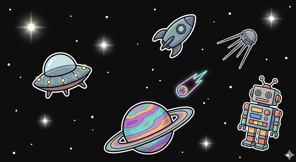 Planet, UFO, rocket, satellite, comet and robot in space for cosmic games at freeslots99.com