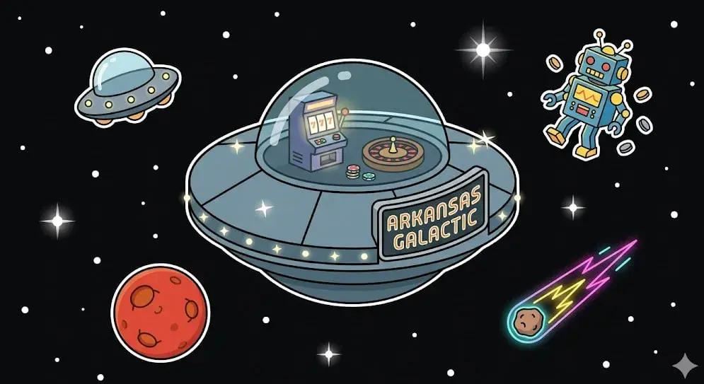 Arkansas Galactic UFO casino with slot machines in space for freeslots99.com thematic games.