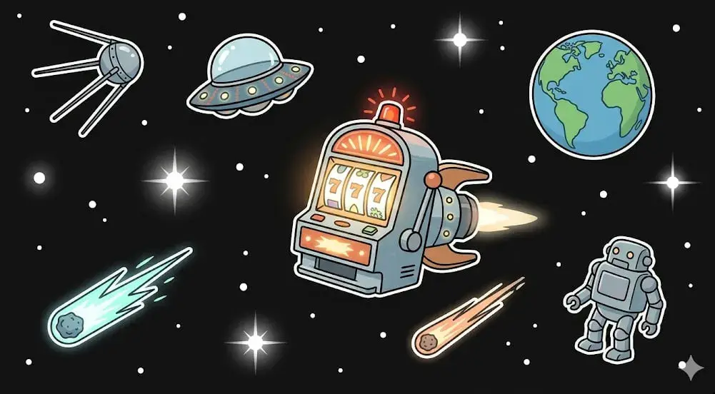 Space slot machine with UFO, robot and Earth – retro-futuristic online casino illustration for freeslots99.com