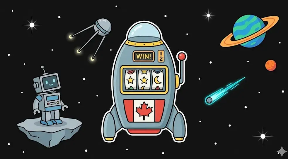 Canada rocket slot machine, robot on asteroid, satellite, comet and planets in space for cosmic games at freeslots99.com