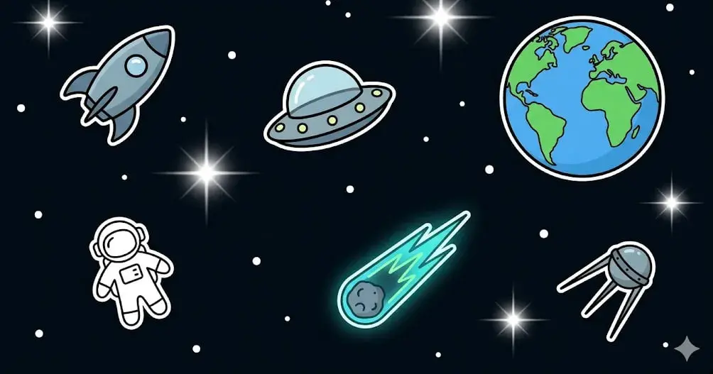 Astronaut, rocket and UFO in space for cosmic games at freeslots99.com
