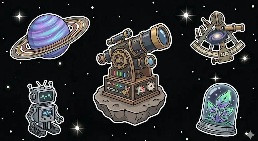 Steampunk telescope slot graphics showing the space game theme for freeslots99.com