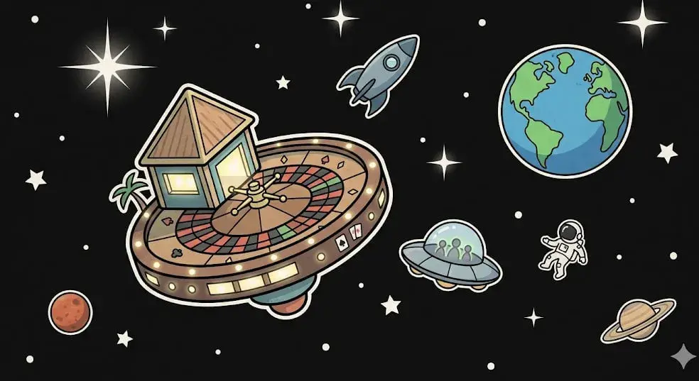 Space station with a roulette wheel and beach hut in orbit for themed games on freeslots99.com