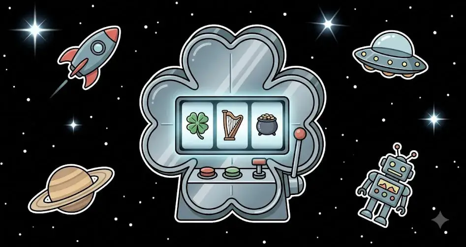 Irish shamrock slot machine with traditional icons floating in space for freeslots99.com