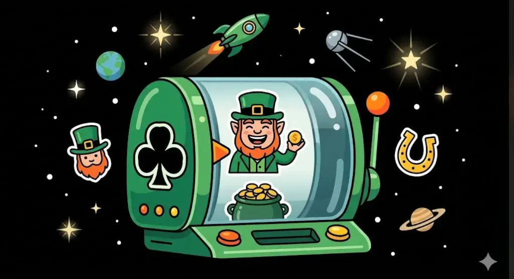 Irish leprechaun slot machine with a pot of gold in space for freeslots99.com
