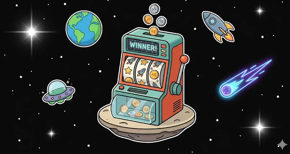 Slot machine labeled WINNER! floating on rock in space with Earth, rocket, UFO, and comet, symbolising online casino theme for www.freeslots99.com