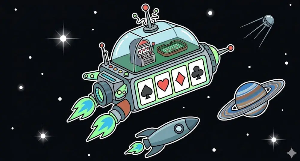 Flying spaceship casino with playing cards and slot machine for gaming themes on freeslots99.com