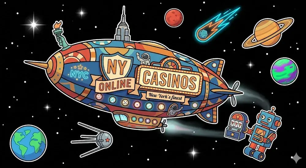 NY Online Casinos blimp with iconic landmarks in space for regional slots on freeslots99.com