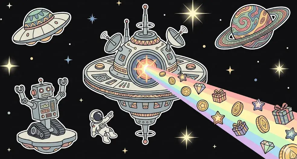 Cosmic spaceship slot graphics showing game bonuses for freeslots99.com