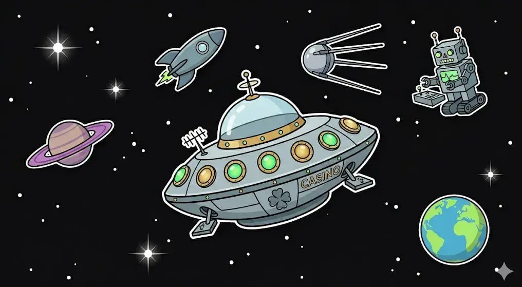 Irish casino UFO flying in galaxy near planet Earth for freeslots99.com