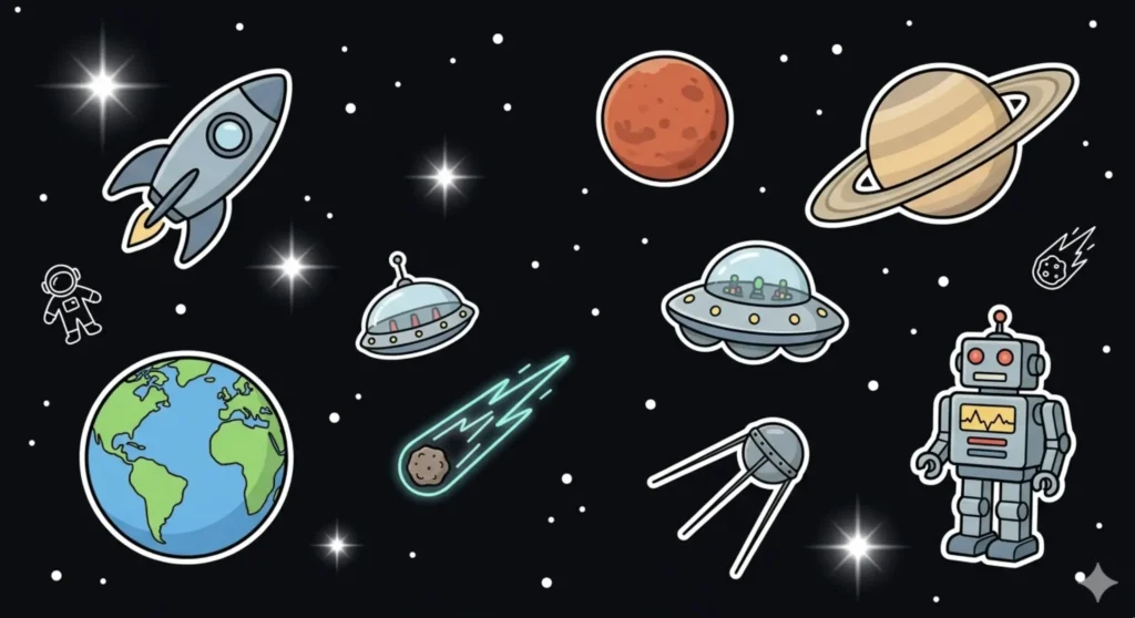 Space scene with rockets, UFOs, planets, robot and astronaut, illustrating best paying online casinos in Canada at FreeSlots99
