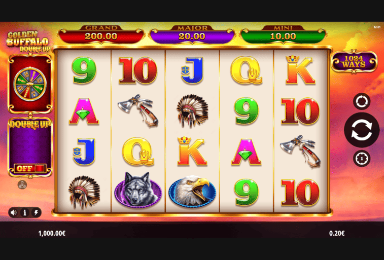Buffalo Gold paytable showing payout values for all symbols including scatter, buffalo, eagle, mountain lion, wolf, and card ranks