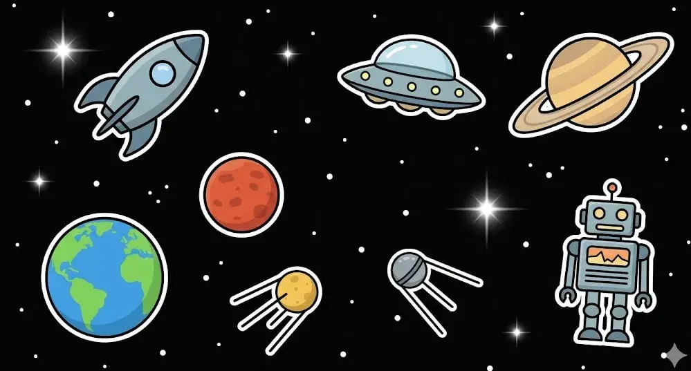Space collection with planets, rocket, and robot for themed slot decorations on freeslots99.com
