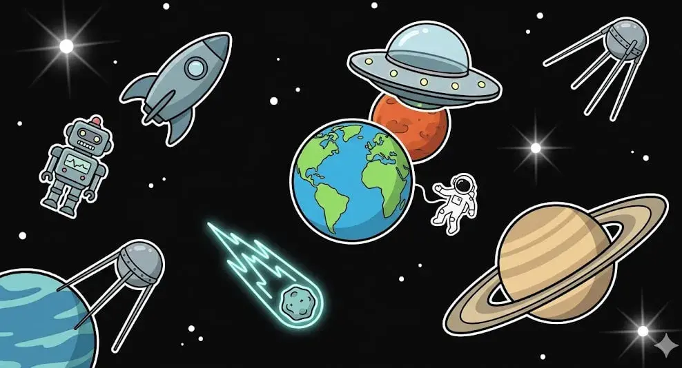 Planets, rocket, UFO, astronaut, satellites, comet and robot in space for cosmic games at freeslots99.com