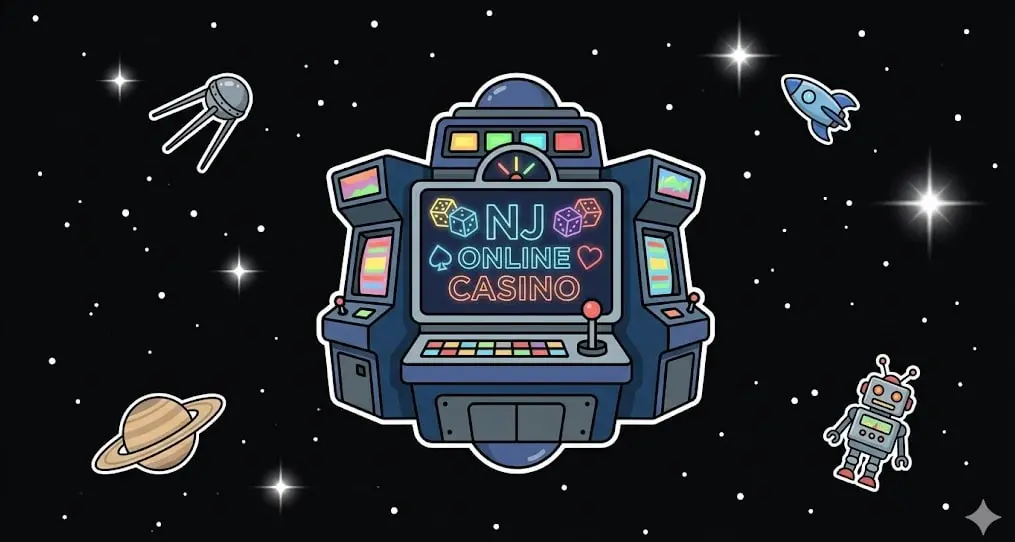 Futuristic slot machine labeled NJ Online Casino floating in space with planets, rocket, and stars, representing New Jersey online casino theme for www.freeslots99.com
