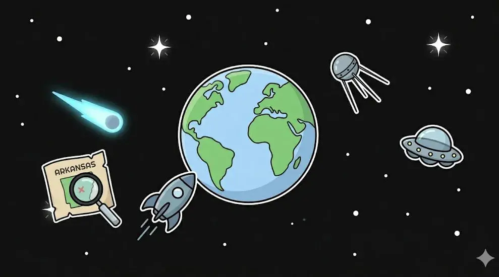 Earth and Arkansas map in space to illustrate regional slot theme availability on freeslots99.com