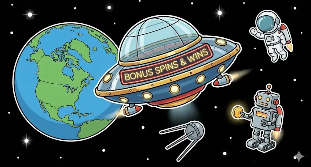 Bonus spins & wins UFO, Earth, astronaut, satellite and robot in space for cosmic games at freeslots99.com