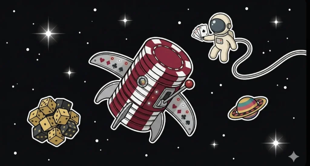 Space-themed casino chip rocket with astronaut and dice, representing top online casinos