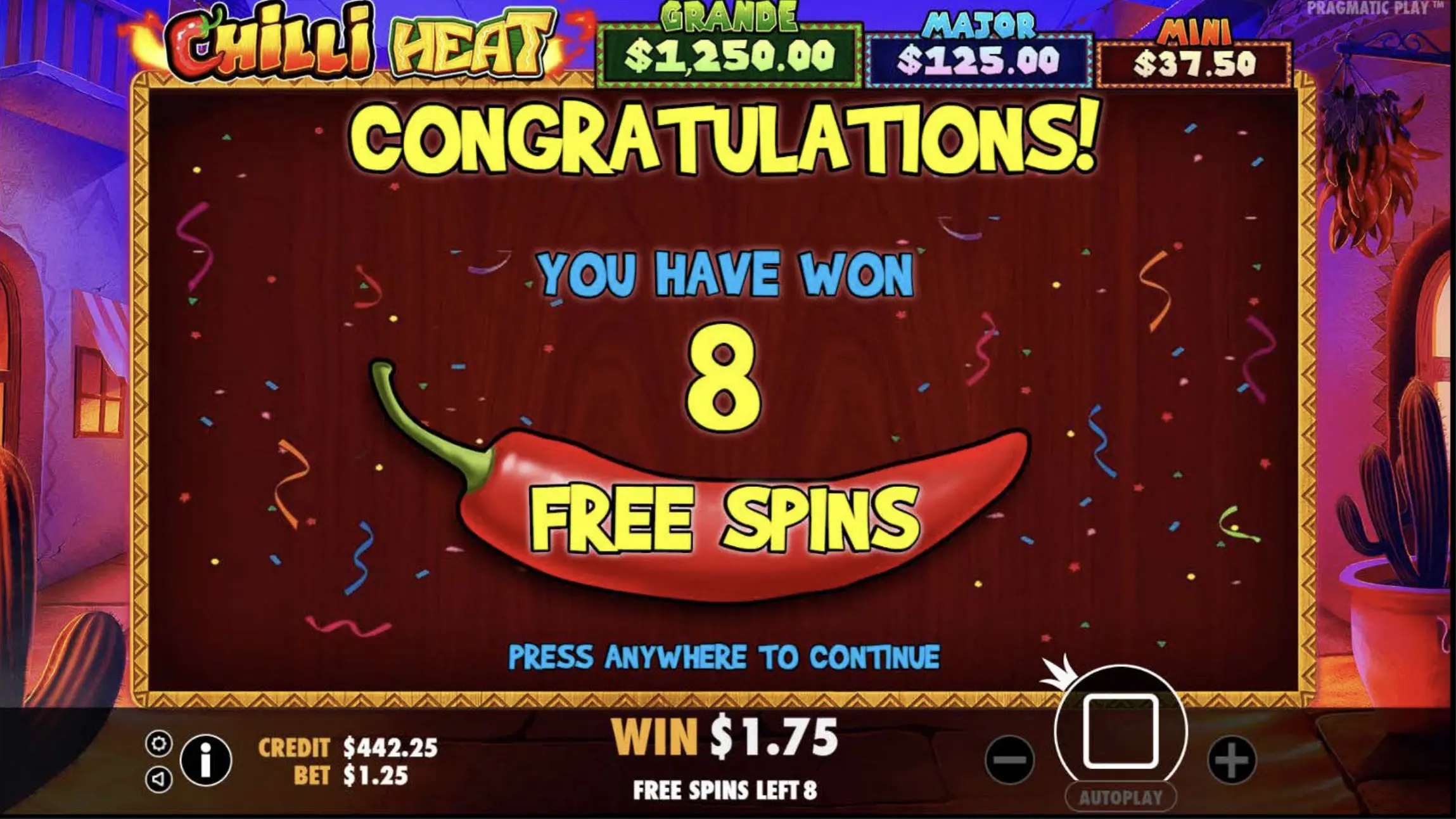 Chilli Heat base game spin with Mariachi Man symbol