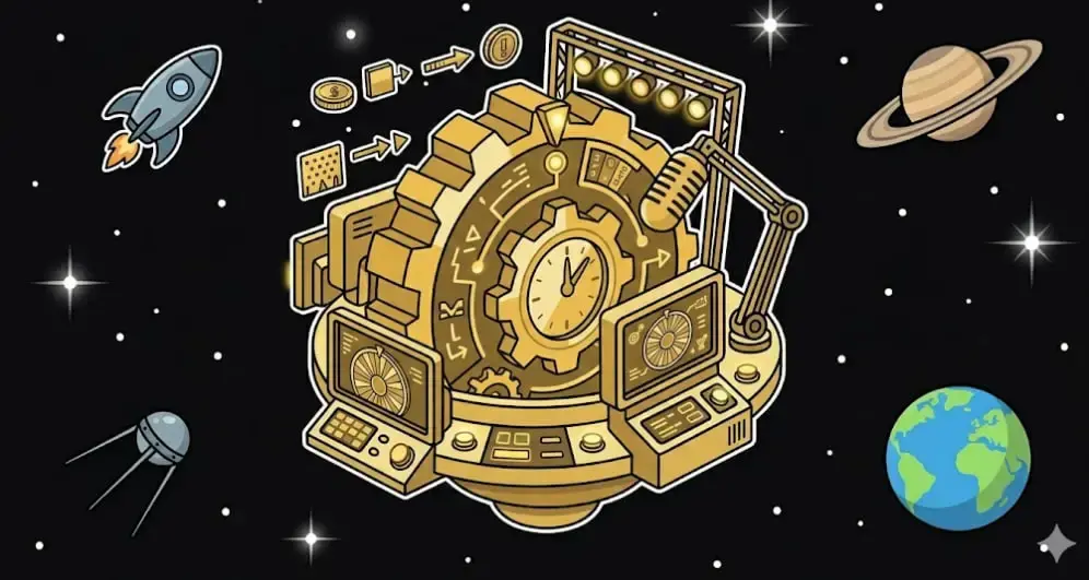 Golden clock gears in a cosmic broadcast studio for game timing on www.freeslots99.com