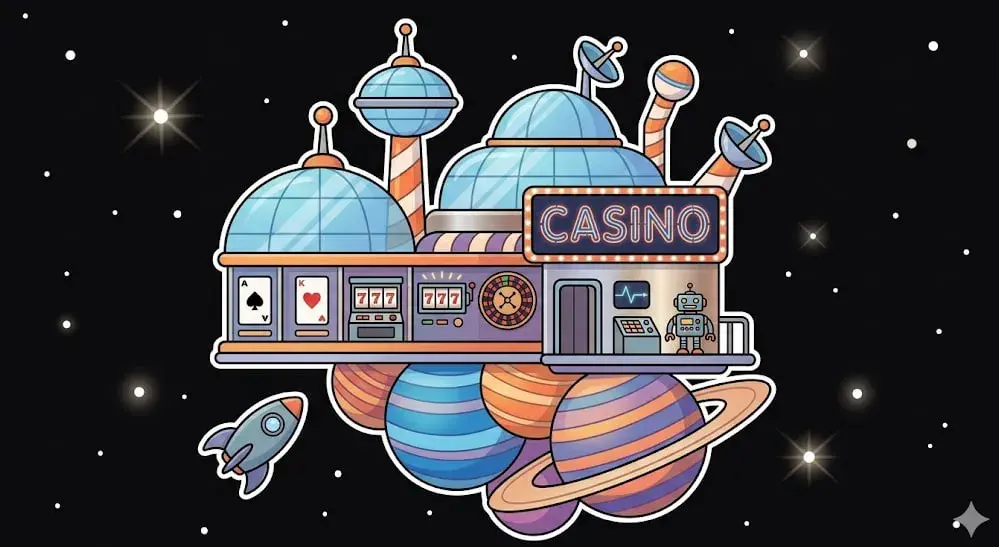 Floating casino city above planets with slots and cards for gaming themes on freeslots99.com