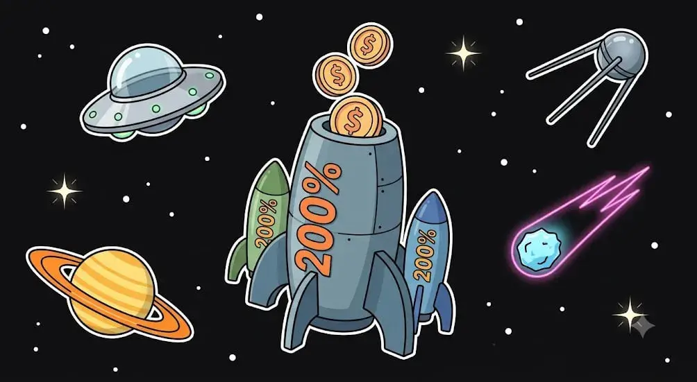 200% Casino Bonus Raketen mit Goldmünzen im Weltraum für freeslots99.com